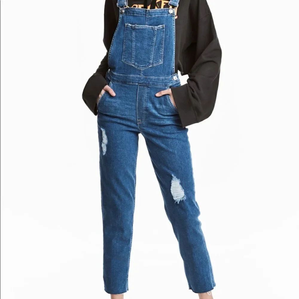 DIVIDED H&M Distressed denim Cuffed Overalls Blue-Cotton/Elastane-SZ 4